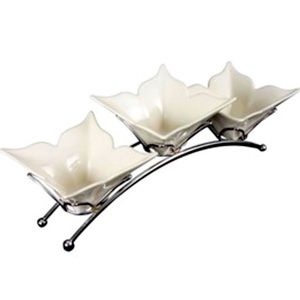 Fiori Porcelain 4pc Relish Dishes with Silver Finishing Serving Rack